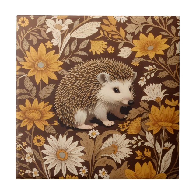 Hedgehog Brown Floral William Morris Inspired Ceramic Tile (Front)