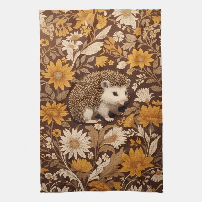 Hedgehog Brown Floral William Morris Inspired Kitchen Towel (Vertical)