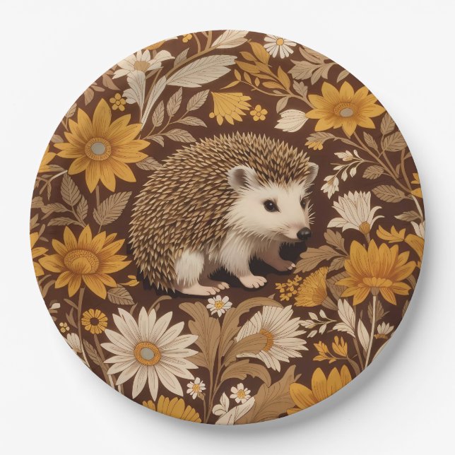 Hedgehog Brown Floral William Morris Inspired Paper Plates (Front)