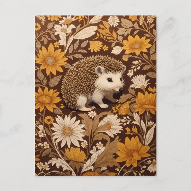Hedgehog Brown Floral William Morris Inspired Postcard (Front)