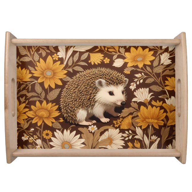 Hedgehog Brown Floral William Morris Inspired Serving Tray (Front)
