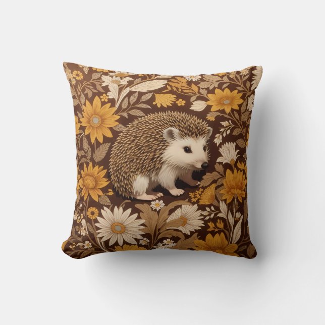 Hedgehog Brown Floral William Morris Inspired Throw Pillow (Front)