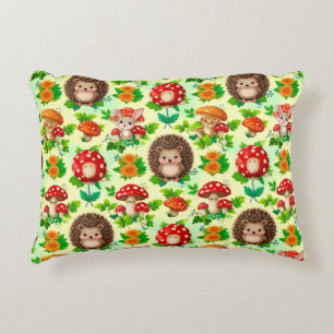 Hedgehog, Bunny, Mushrooms, and Bright Flowers Accent Pillow