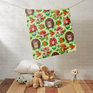 Hedgehog, Bunny, Mushrooms, and Bright Flowers Baby Blanket