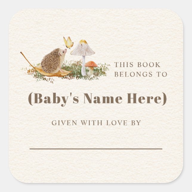 Hedgehog Butterfly Mushroom Baby Shower Book Square Sticker (Front)