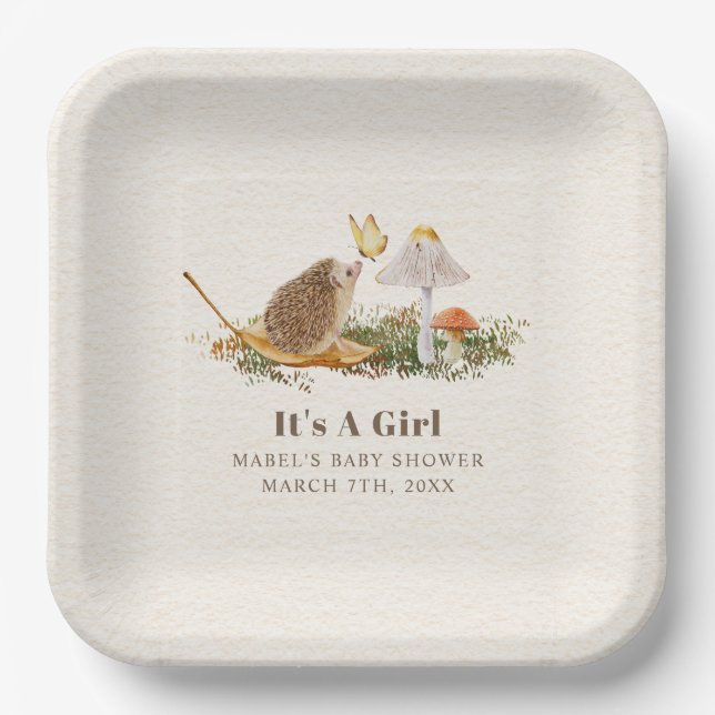 Hedgehog Butterfly Mushroom Woodland Baby Shower Paper Plates (Front)