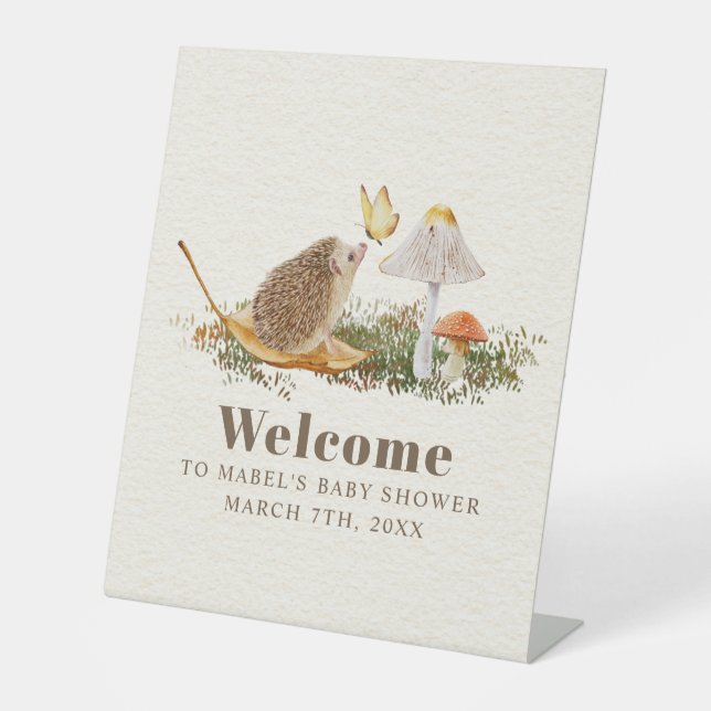 Hedgehog Butterfly Mushroom Woodland Baby Shower Pedestal Sign (Front)
