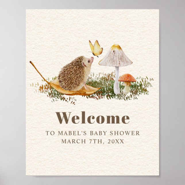 Hedgehog Butterfly Mushroom Woodland Baby Shower Poster (Front)