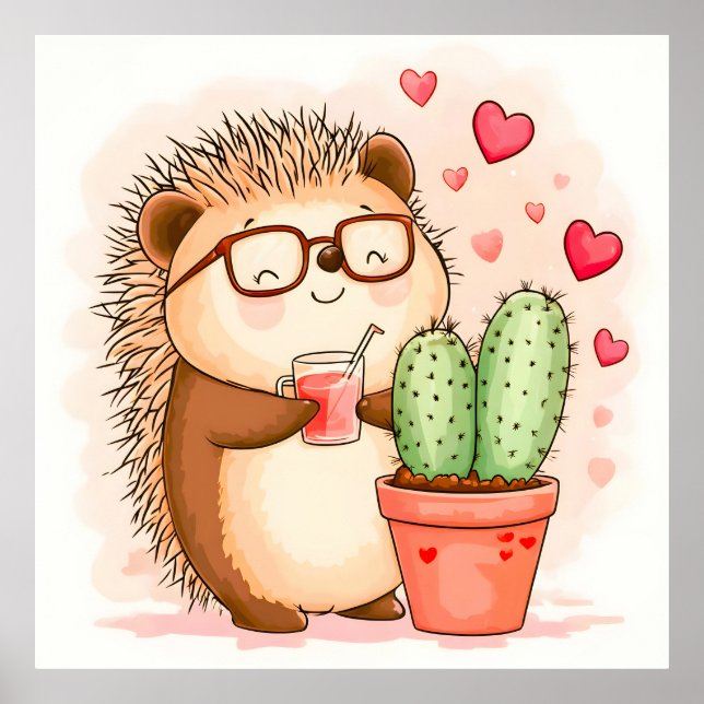  Hedgehog Cactus Cheers Watercolor Poster (Front)