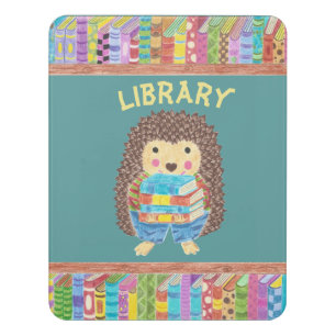 Hedgehog carrying books school library door sign