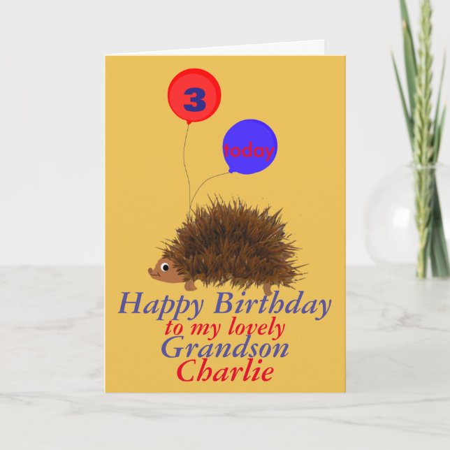 Hedgehog cartoon Birthday Grandson add name age Card (Front)