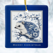 Hedgehog Chinoiserie Blue Toile Floral Christmas