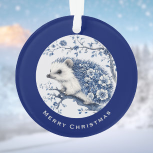 Hedgehog Chinoiserie Blue Toile Floral Christmas Ornament