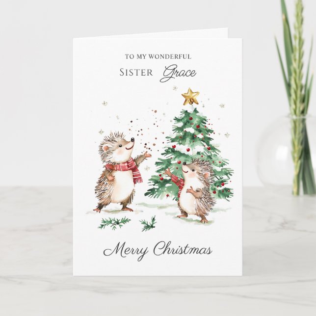 Hedgehog Christmas Family Sister Card (Front)