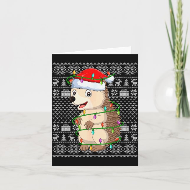 Hedgehog Christmas Lights Ugly Sweater Funny Santa Card (Front)
