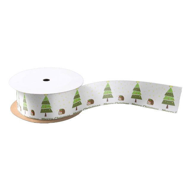 Hedgehog Christmas Scene Satin Ribbon (Spool)