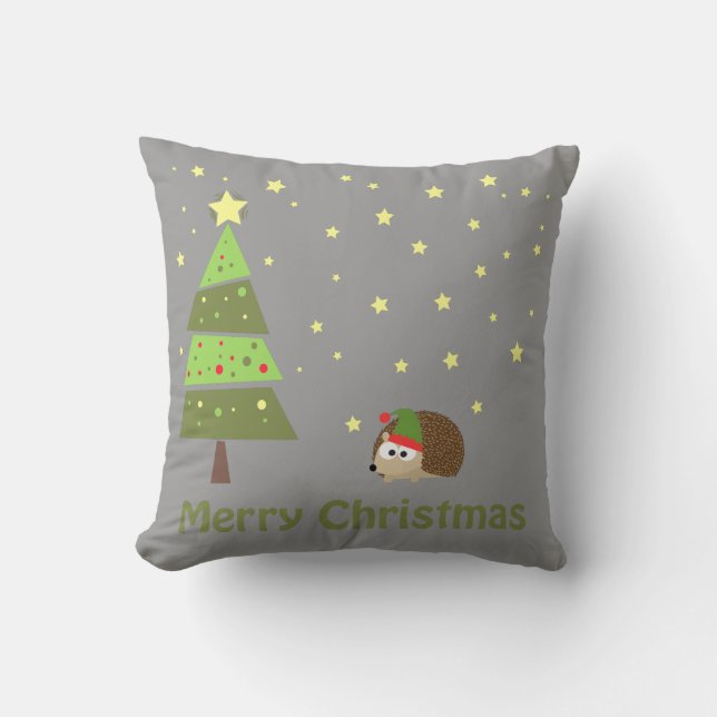 Hedgehog Christmas Scene Throw Pillow (Front)