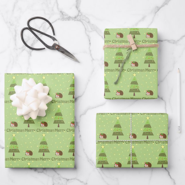 Hedgehog Christmas Scene Wrapping Paper Sheets (Front)