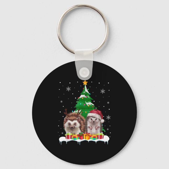 Hedgehog Christmas Tree Lights Santa Reindeer Xmas Keychain (Front)