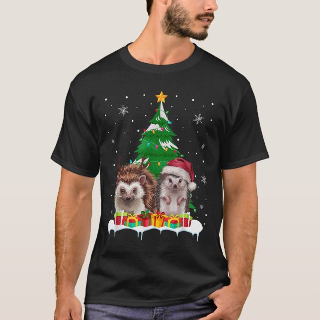 Hedgehog Christmas Tree Lights Santa Reindeer Xmas T-Shirt (Front)