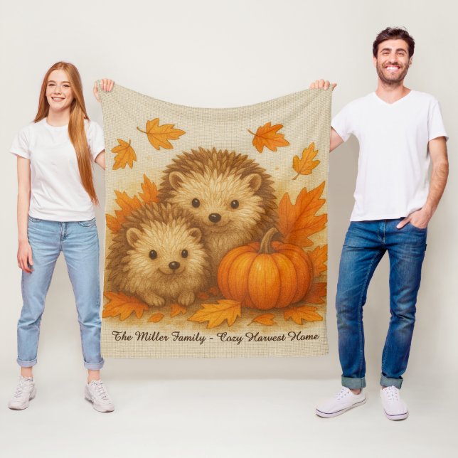 hedgehog - cozy harvest home & family name script fleece blanket (In Situ)