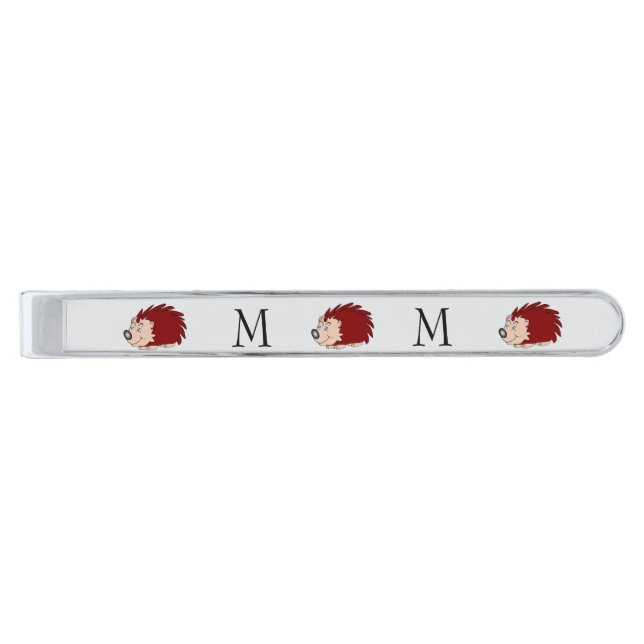 Hedgehog Design Monogrammed Silver Finish Tie Bar (Front)
