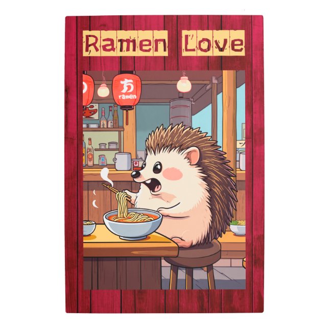 Hedgehog Eating Ramen in Japanese Noodle Bar Metal Print (Front)