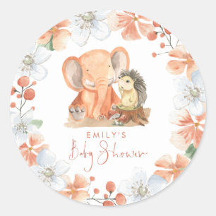 Hedgehog Elephant Florals Name Girl Baby Shower Classic Round Sticker