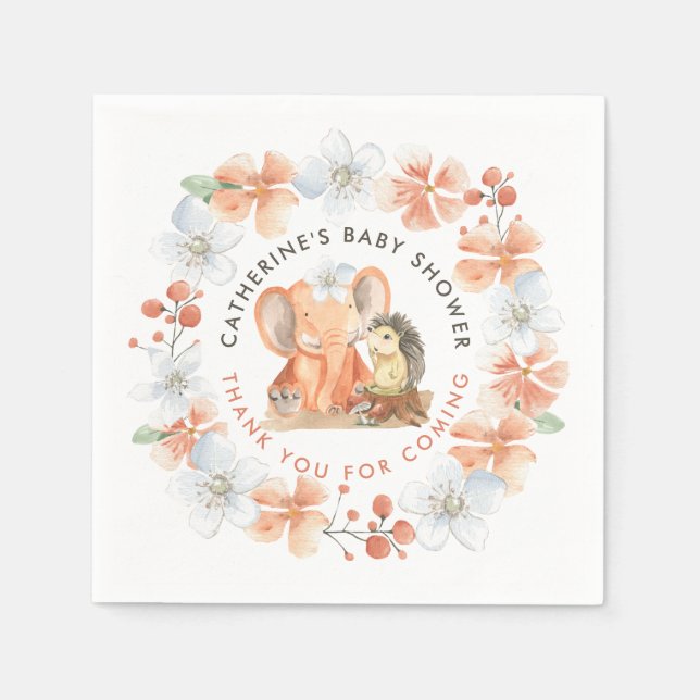 Hedgehog Elephant Thank You Name Girl Baby Shower Napkins (Front)