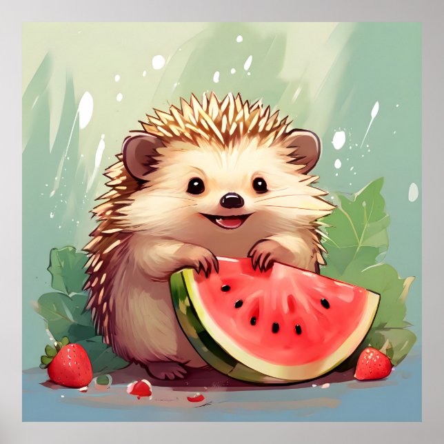  Hedgehog enjoying a piece of watermelon Poster (Front)
