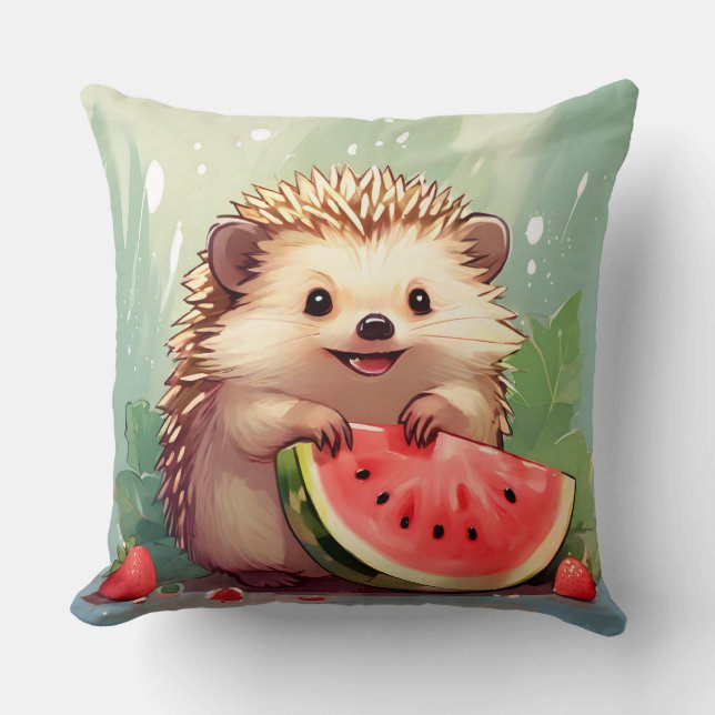  Hedgehog enjoying a piece of watermelon Throw Pillow (Front)