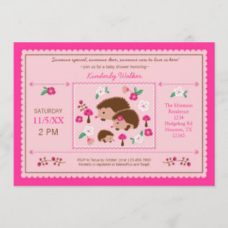 Hedgehog Family Baby Girl Shower Invitation