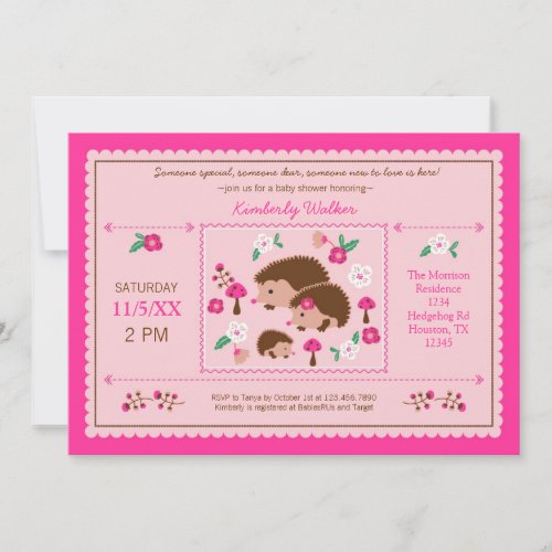 Hedgehog Family Baby Girl Shower Invitation