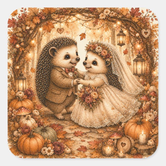 Hedgehog First Dance Fall Wedding Square Sticker (Front)
