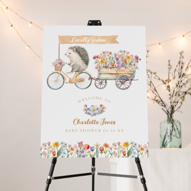 Hedgehog Floral Baby Shower Welcome Sign – Tan  (In Situ (Stand))