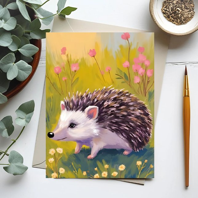 Hedgehog Floral Field Animal Painting Postcard (Creator Uploaded)