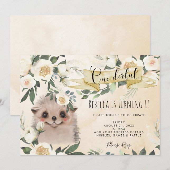 hedgehog floral onederful 1st birthday invitation (Front/Back)