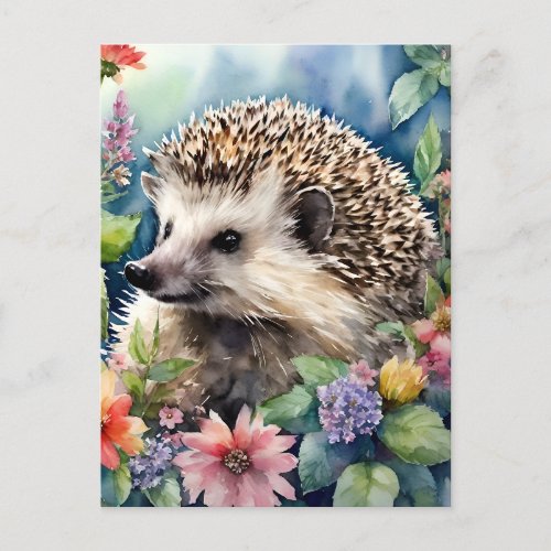 Hedgehog Floral Watercolor Postcard