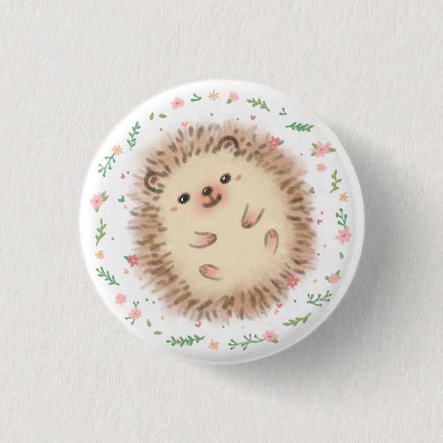 Hedgehog & Flowers Illustration Button (Front)