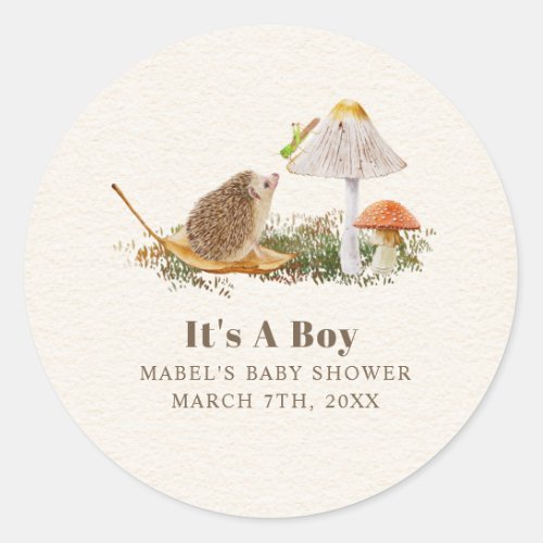 Hedgehog Grasshopper Mushroom Woodland Baby Shower Classic Round Sticker