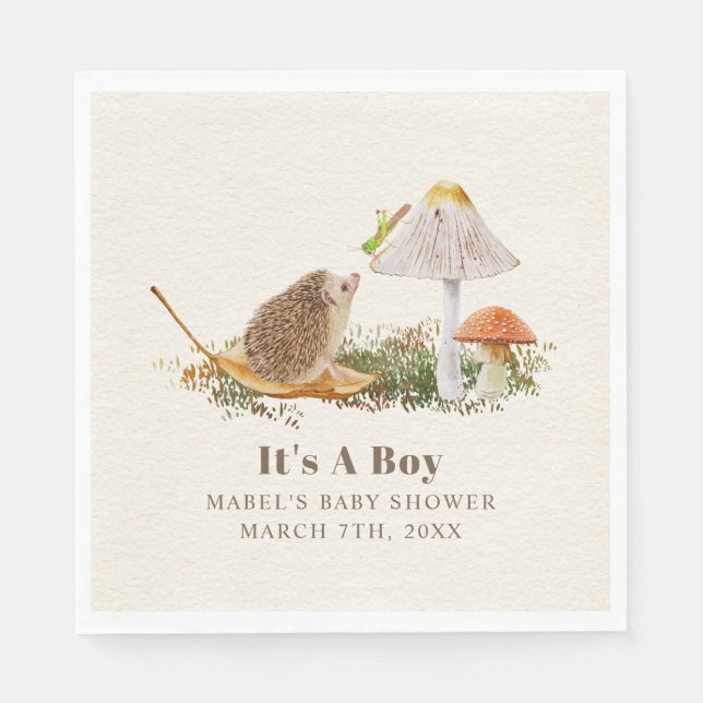 Hedgehog Grasshopper Mushroom Woodland Baby Shower Napkins (Front)