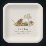 Hedgehog Grasshopper Mushroom Woodland Baby Shower Paper Plates<br><div class="desc">Nature storybook page inspired baby shower invitation featuring illustration of a hedgehog sitting on a leaf in the grass with two mushrooms.  Grasshopper stares down at hedgehog from one of the mushrooms.</div>