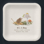 Hedgehog Grasshopper Mushroom Woodland Baby Shower Paper Plates<br><div class="desc">Nature storybook page inspired baby shower invitation featuring illustration of a hedgehog sitting on a leaf in the grass with two mushrooms.  Grasshopper stares down at hedgehog from one of the mushrooms.</div>