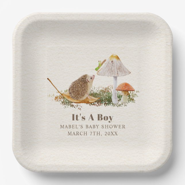Hedgehog Grasshopper Mushroom Woodland Baby Shower Paper Plates (Front)