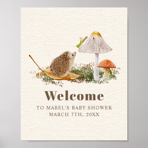 Hedgehog Grasshopper Mushroom Woodland Baby Shower Poster