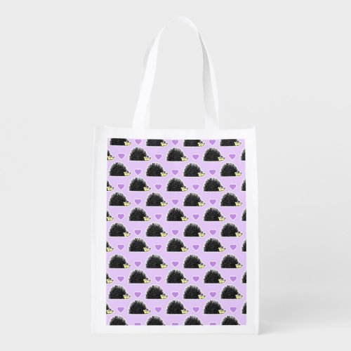 Hedgehog Heart Pattern Purple Reusable Grocery Bag