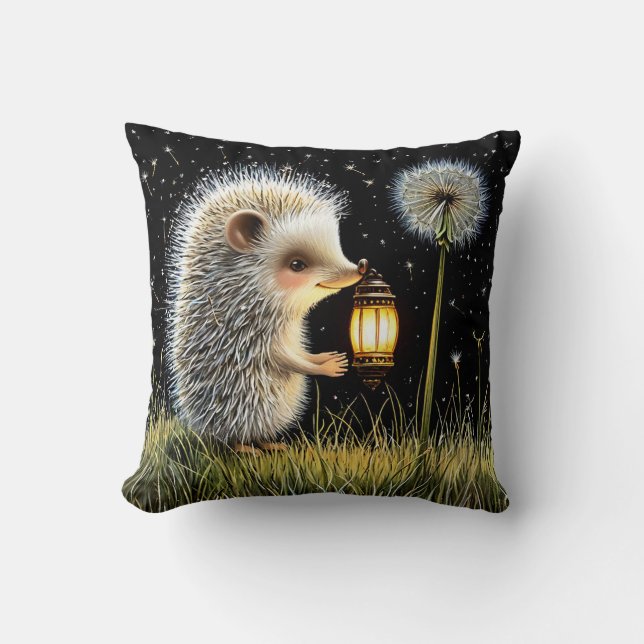 Hedgehog Holding Lantern Next to Dandelion Throw Pillow (Front)