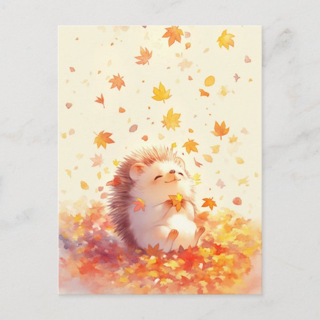 Hedgehog Holding Yellow Autumn Maple Leaf Postcard (Front)