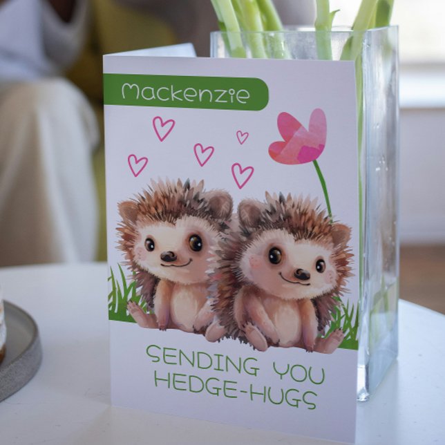 Hedgehog Hugs personalized Valentines Holiday Card (Hedgehog Hugs personalized Valentines Holiday Card by Ricaso. Cute hedgehogs, love hearts and flower)
