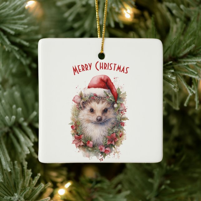 Hedgehog in a Santa Hat Red Poinsettia Christmas Ceramic Ornament (Tree)